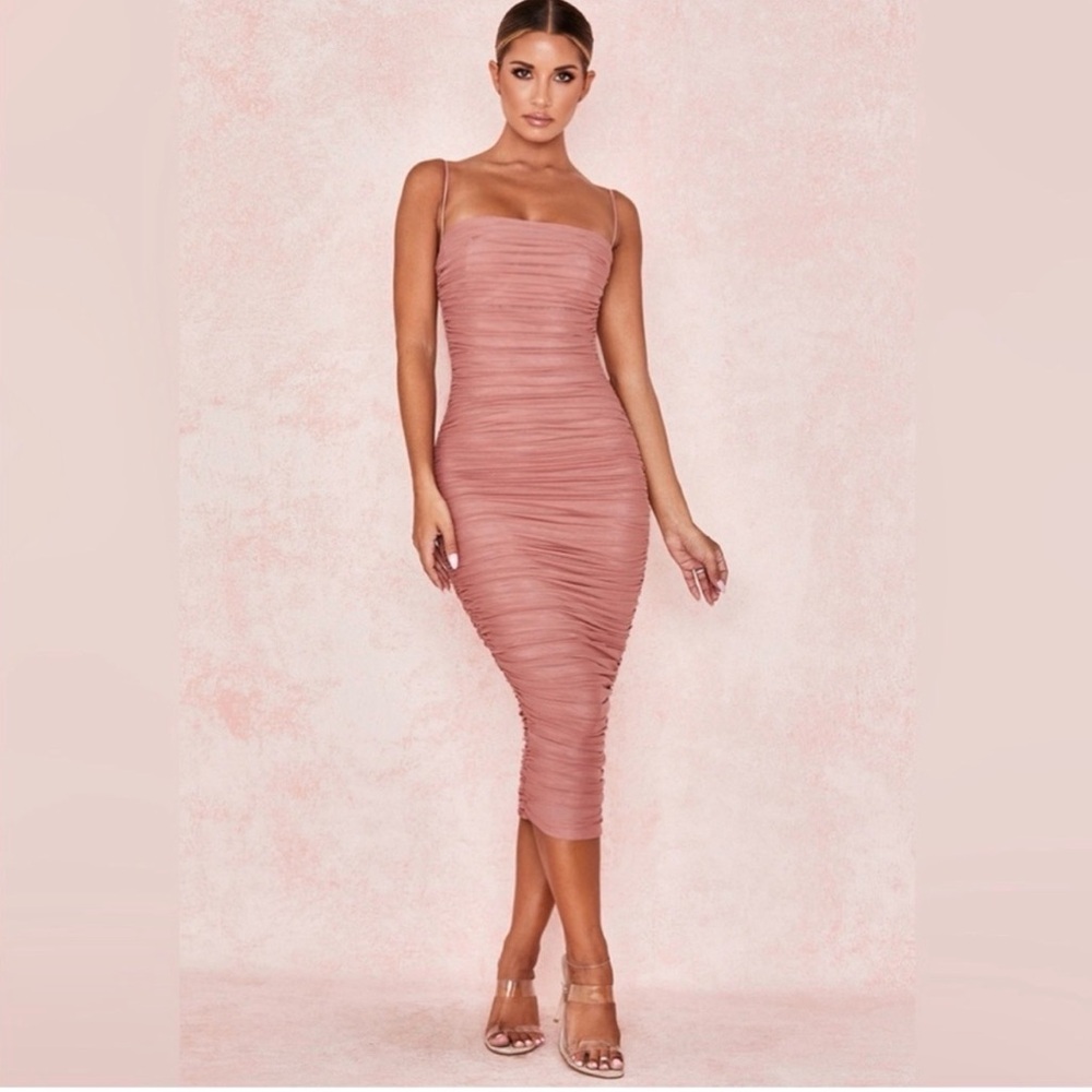 NBD Ruched Square-Neck Midi Dress in Brown - Picture 2 of 4